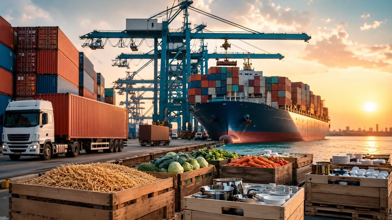 Food and household goods moving through an international cargo port supply chain