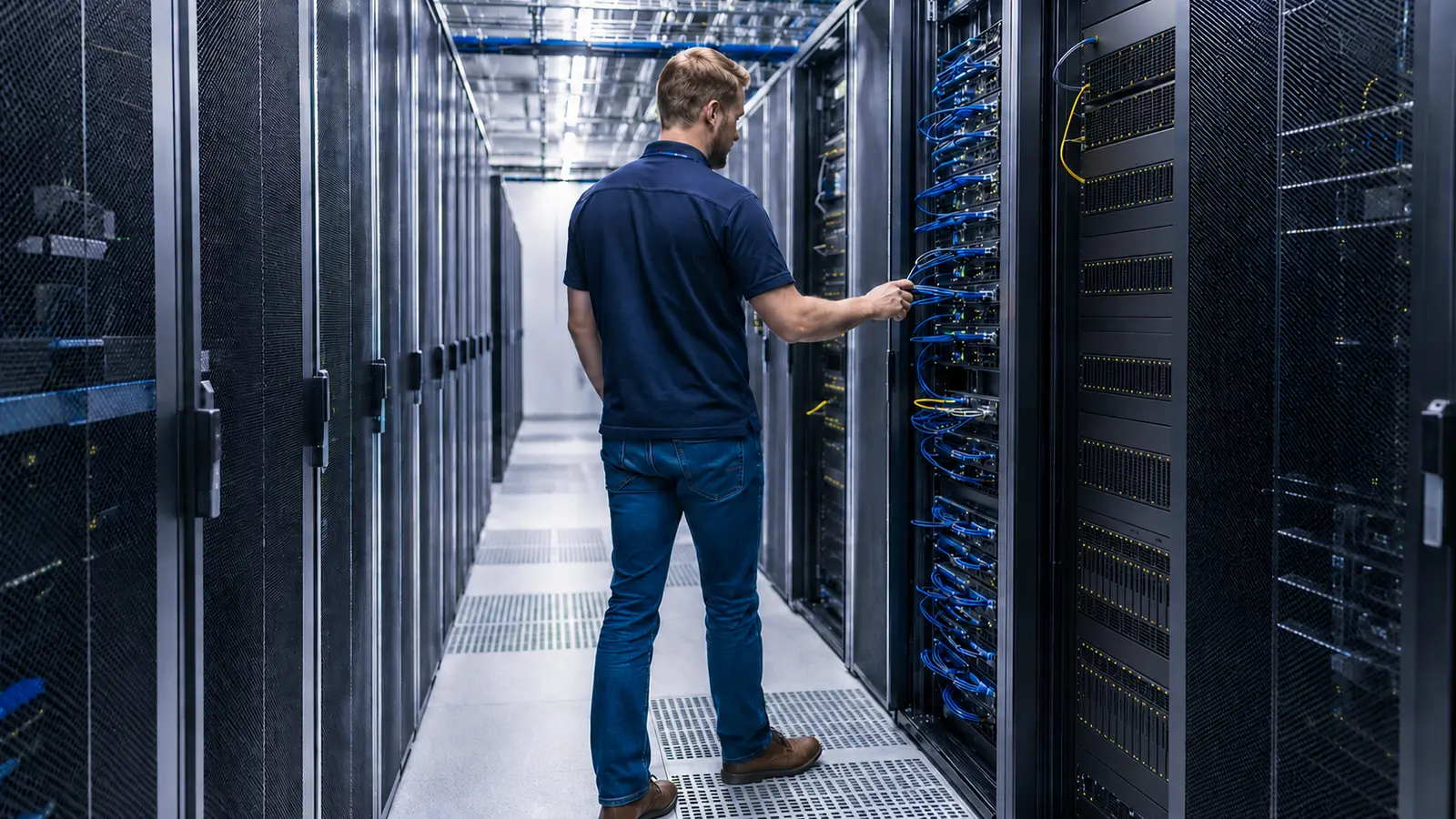 How cloud storage works inside a modern data centre with a technician walking between illuminated server racks.