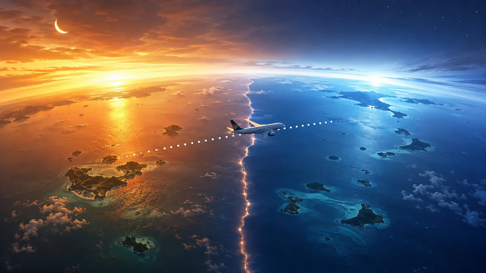 Passenger airplane crossing the Pacific day-night boundary on a curved view of Earth