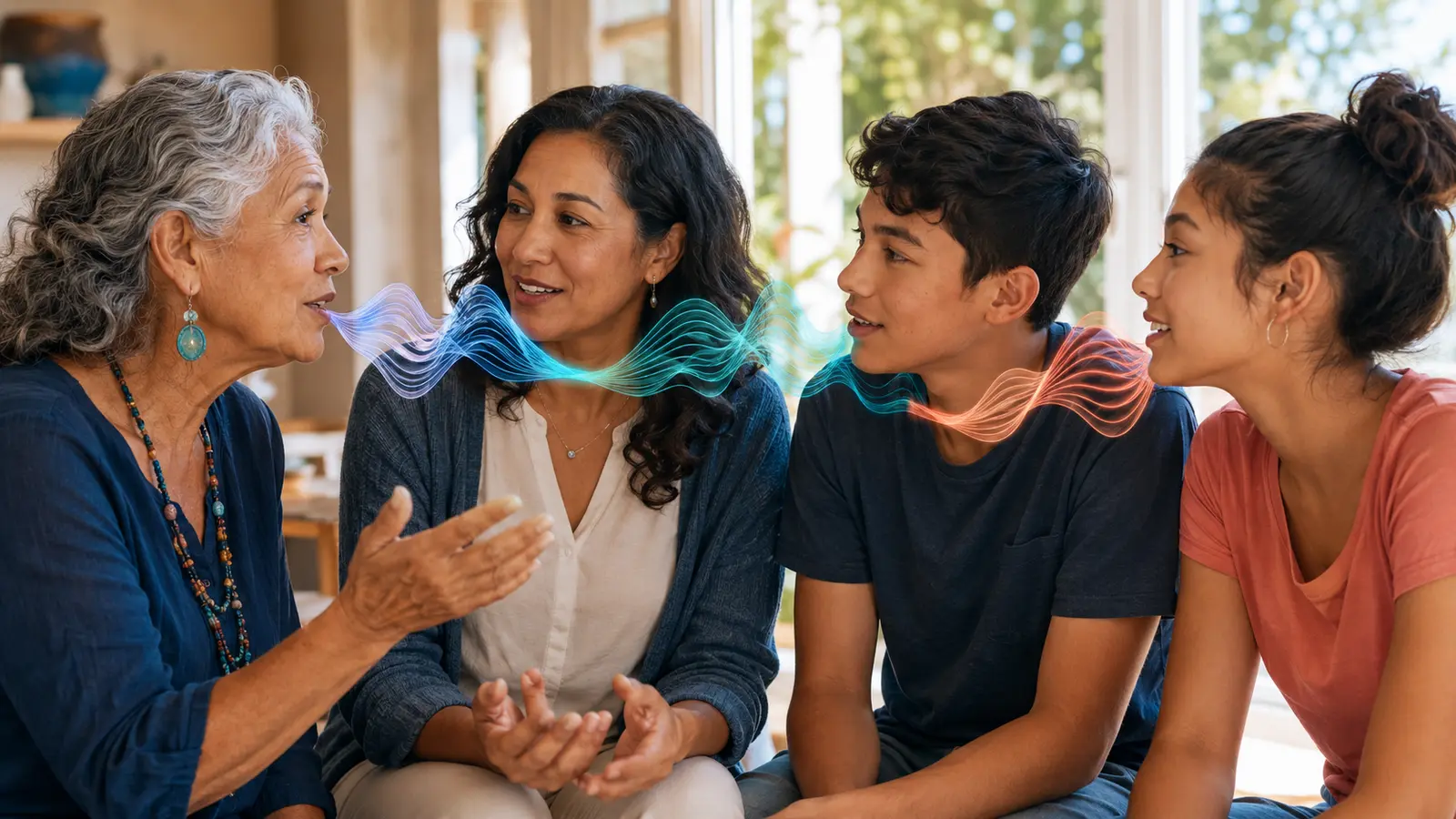 Three generations sharing a conversation as changing sound waves pass between them
