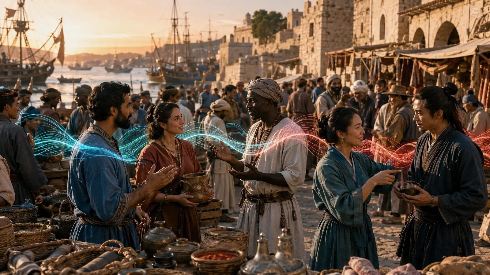 Travelers and merchants from different language communities exchanging goods and speech in a busy port market
