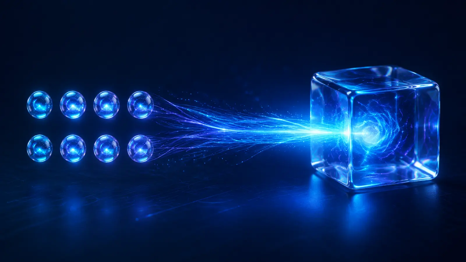 Eight glowing data particles merging into one cube to illustrate eight bits forming one byte