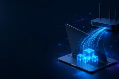 Wireless router sending blue data streams to a laptop to represent internet speed and file transfers