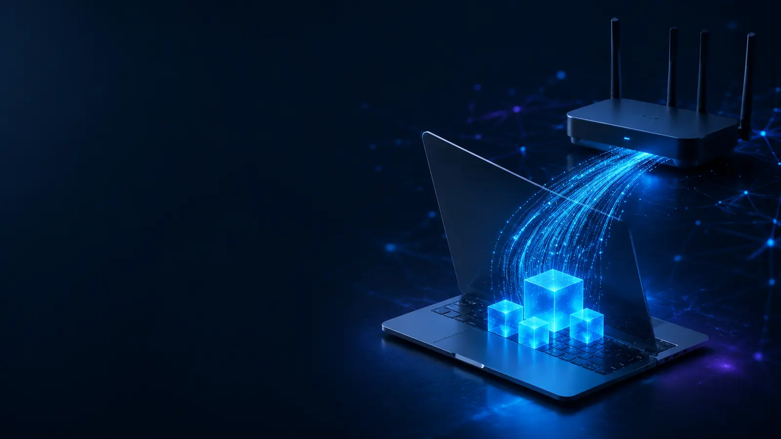 Wireless router sending blue data streams to a laptop to represent internet speed and file transfers