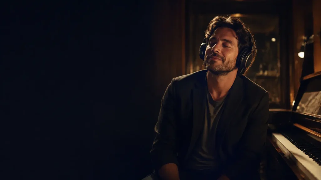 Why music affects emotions, shown by a listener absorbed in sound beside a piano and warm studio light.