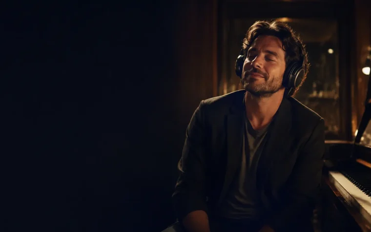 Why music affects emotions, shown by a listener absorbed in sound beside a piano and warm studio light.