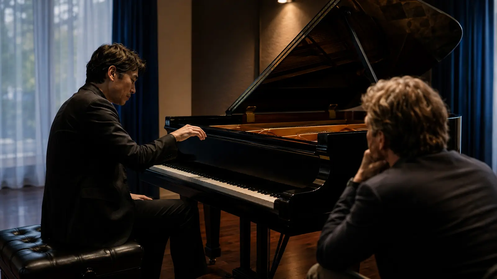 Why music affects emotions through expectation as a pianist pauses above the keys before a resolution.