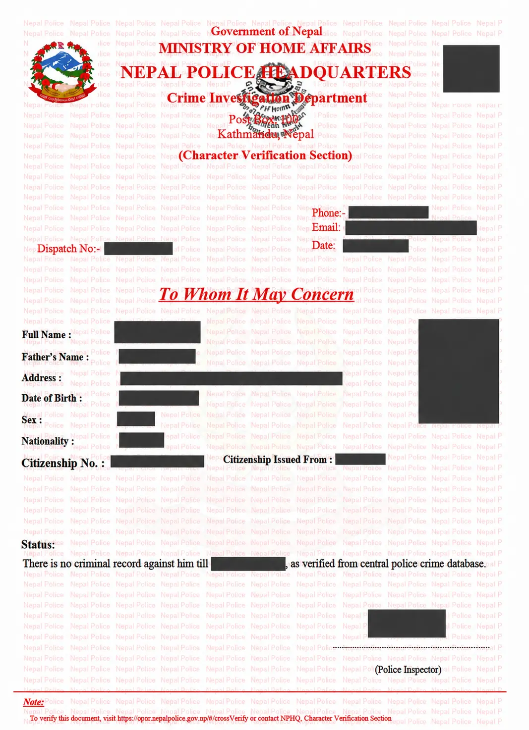 Redacted sample Nepal Police Clearance Certificate with applicant details hidden