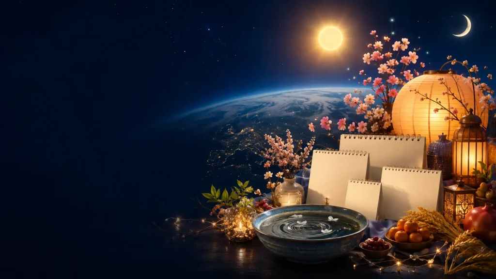 Why cultures celebrate New Year at different times, represented by the Sun, Moon, Earth and seasonal symbols