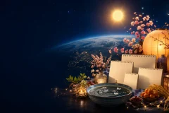 Why cultures celebrate New Year at different times, represented by the Sun, Moon, Earth and seasonal symbols
