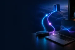 Computer connected to a distant server by glowing network paths representing internet response time