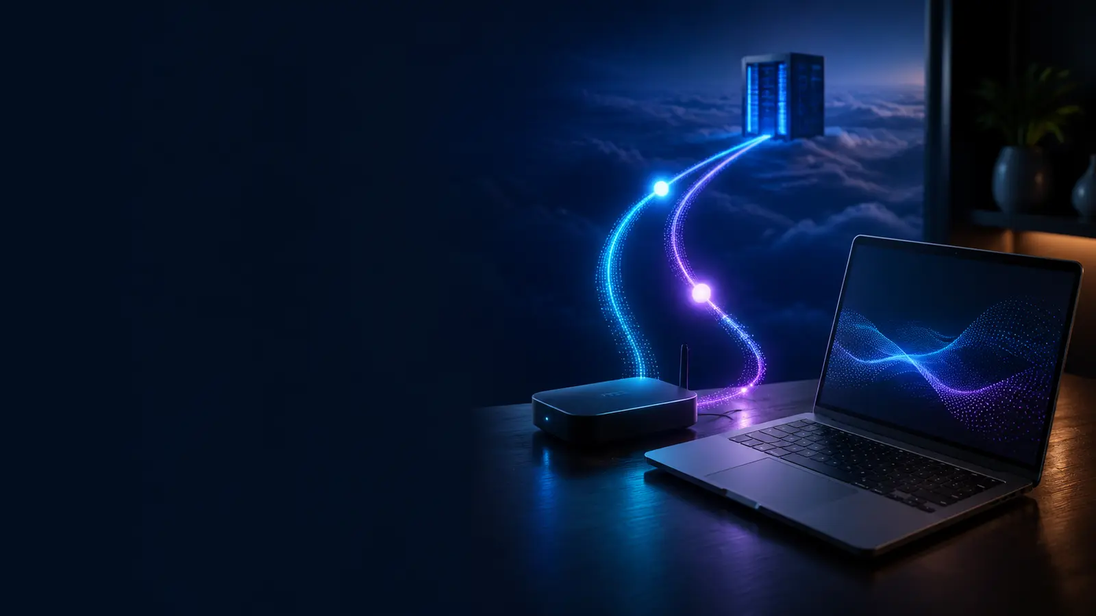 Computer connected to a distant server by glowing network paths representing internet response time