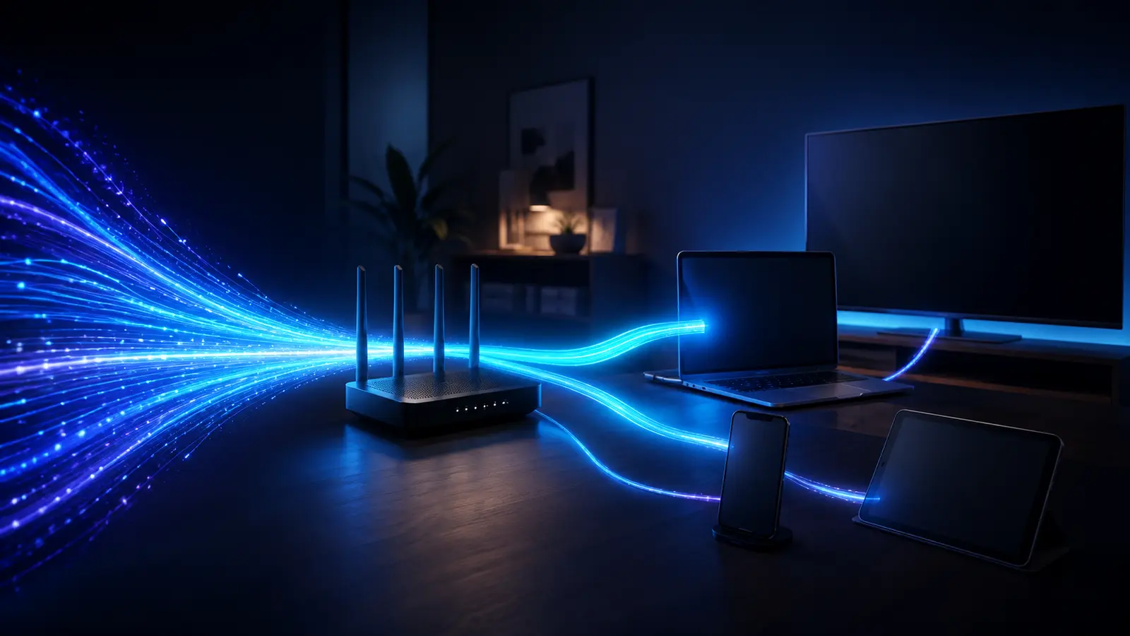 Home router dividing a data stream among a laptop, phone, television and tablet