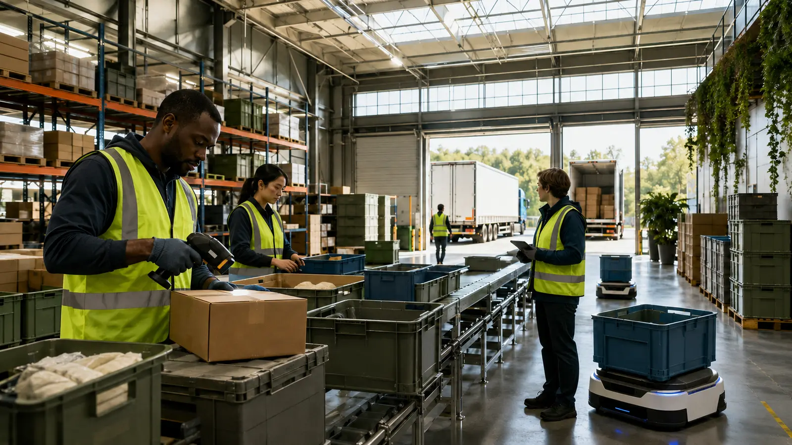 Workers coordinate scanning, conveyors and reusable containers in a modern distribution warehouse.