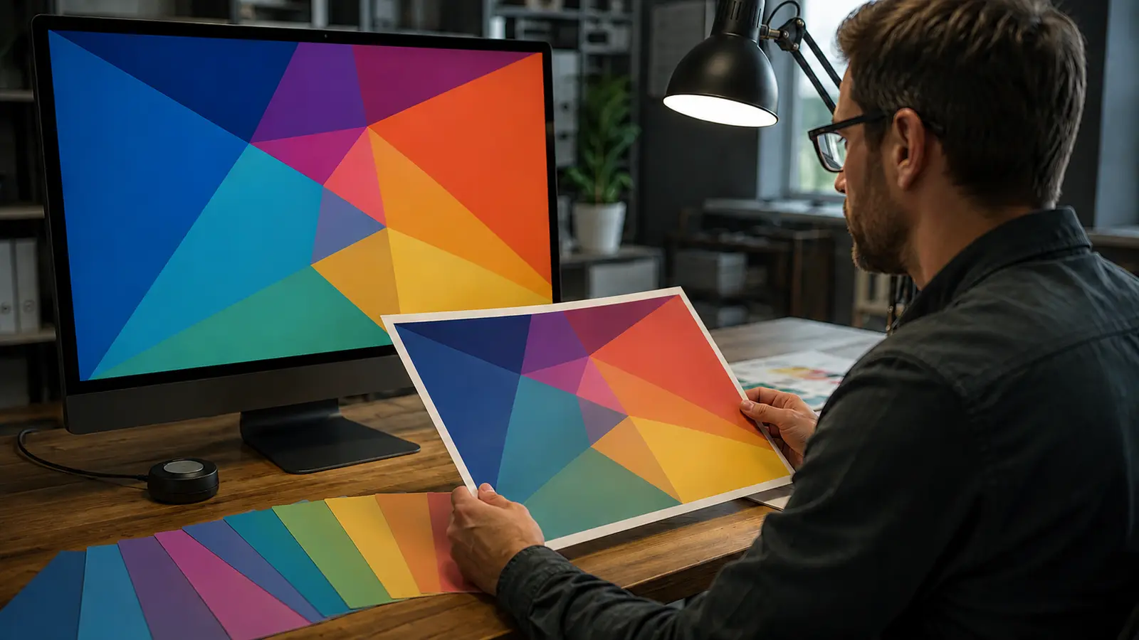Why colors look different on screens and in print as a designer compares a monitor with color swatches.