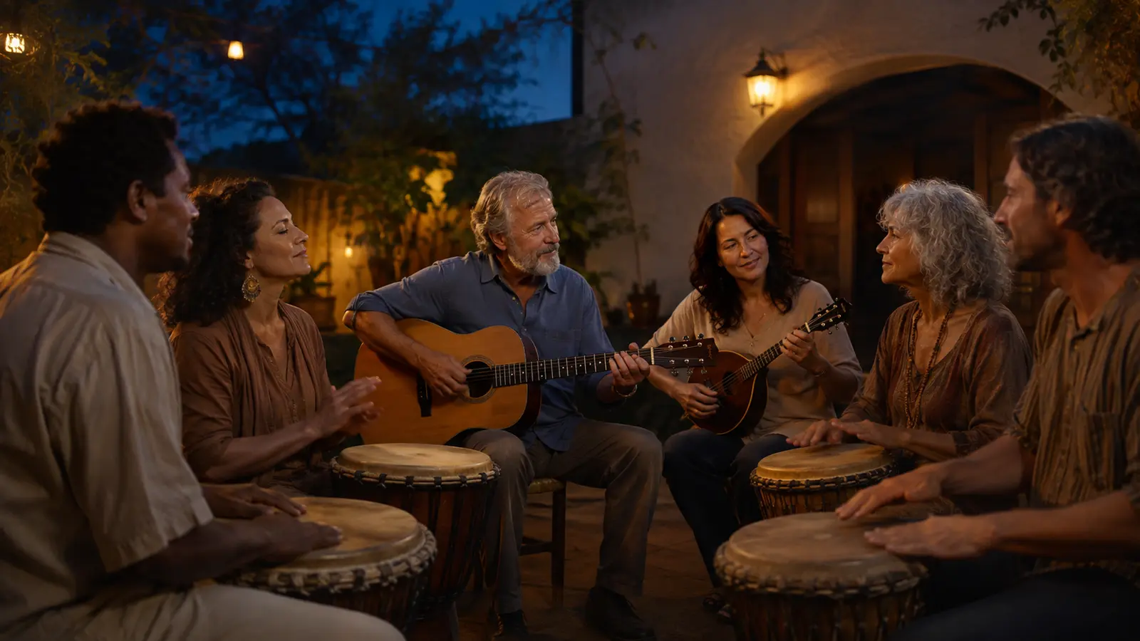 Why music affects emotions socially as a multigenerational group plays hand percussion and acoustic instruments together.