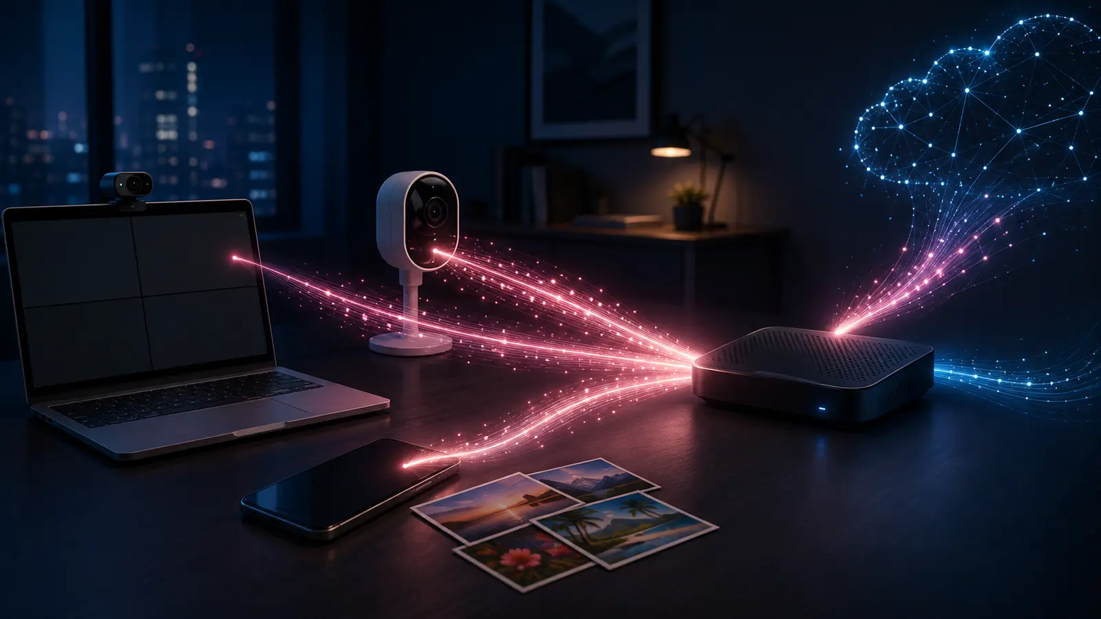 Laptop, security camera and phone sharing upload capacity through one home internet router
