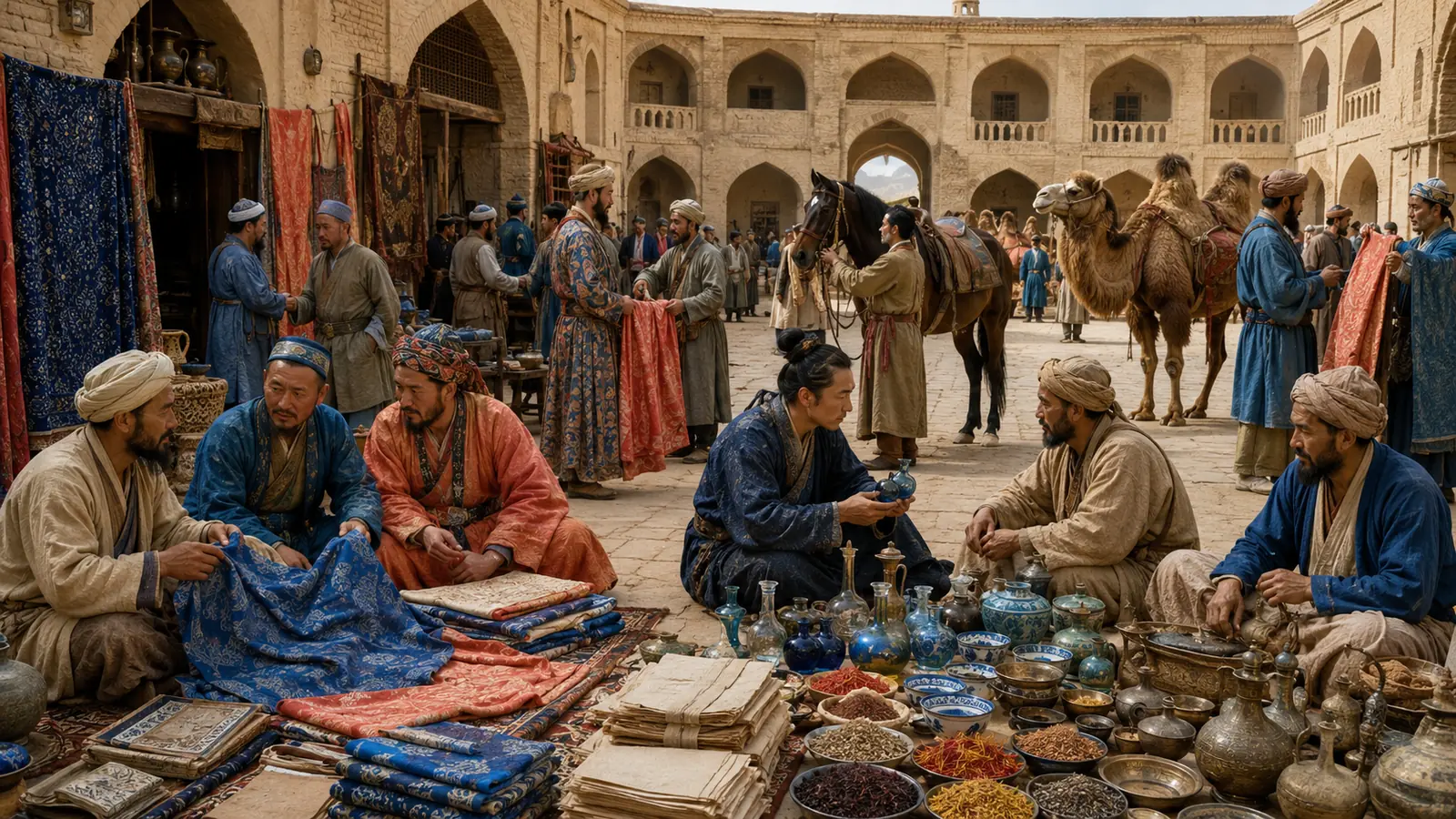 Traders in a Central Asian caravanserai with camels and goods