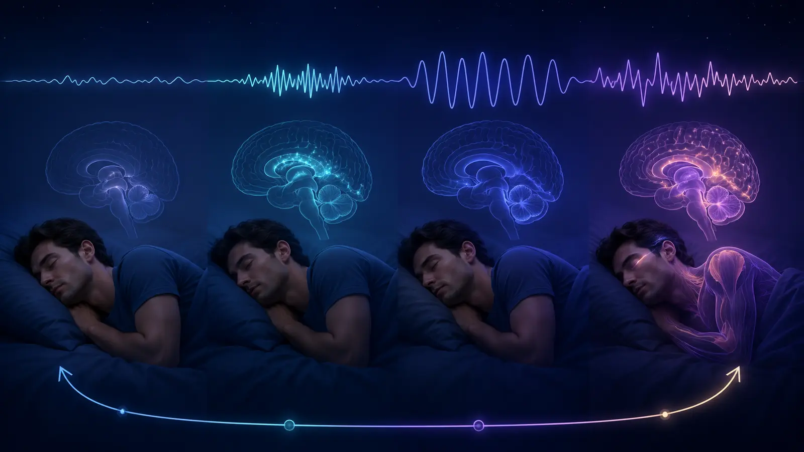 Conceptual sleep cycle moving through light, deep and REM sleep during one night