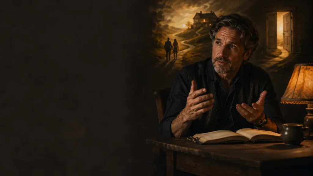 What makes a story memorable, shown by a storyteller beside a warm lamp as imagined scenes emerge.
