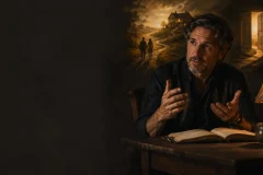What makes a story memorable, shown by a storyteller beside a warm lamp as imagined scenes emerge.