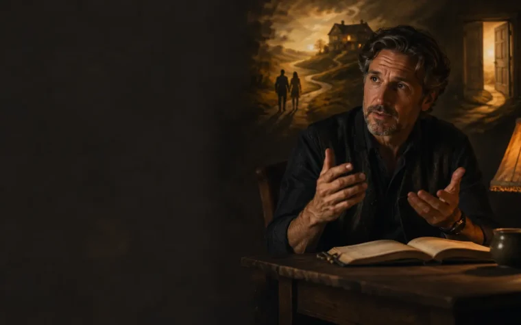 What makes a story memorable, shown by a storyteller beside a warm lamp as imagined scenes emerge.