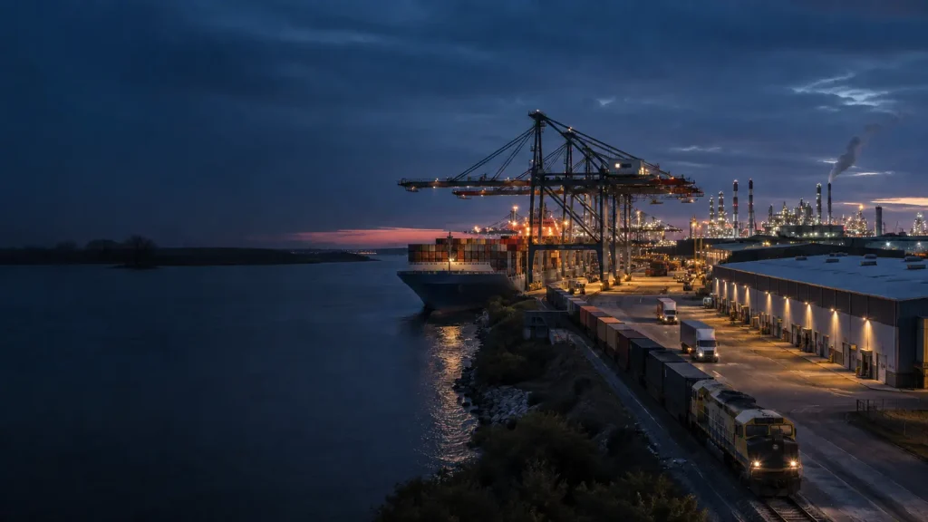 Cargo ship, containers, rail, trucks, warehouse and factory in a global supply chain.