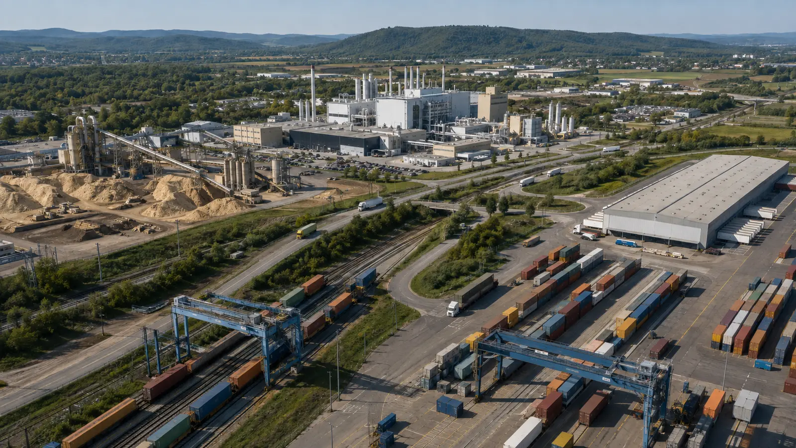 Raw materials, factory, warehouse, rail and trucks forming a connected supply chain.