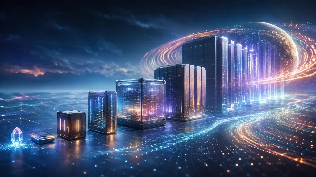 Ascending data-storage structures showing the scale from gigabytes to enormous global data systems