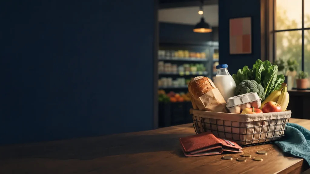 Groceries beside a wallet and coins illustrating the effect of inflation