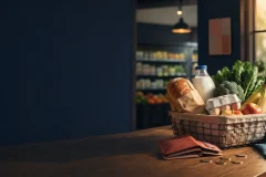 Groceries beside a wallet and coins illustrating the effect of inflation