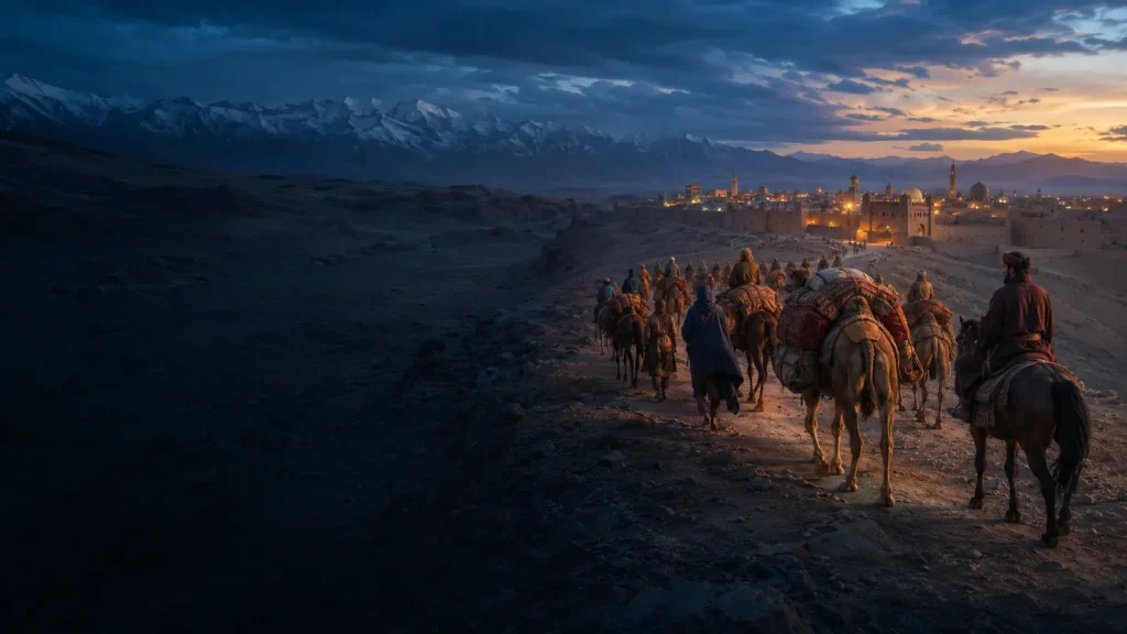 Silk Road caravan approaching a Central Asian oasis city at dusk