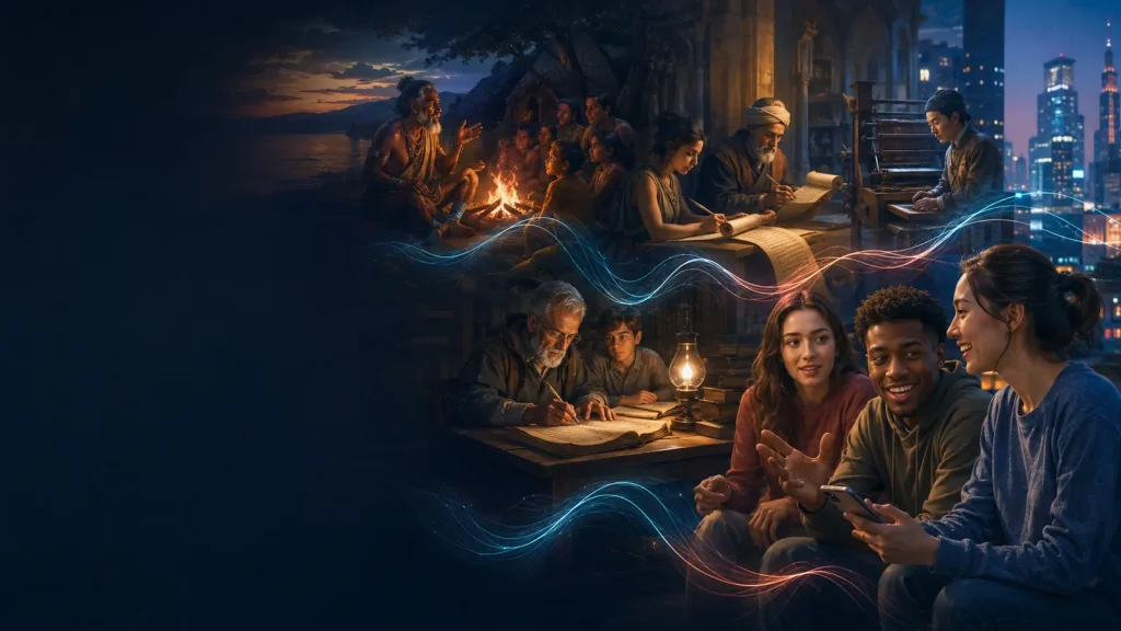 Language changing across generations from oral storytelling and manuscripts to digital conversation