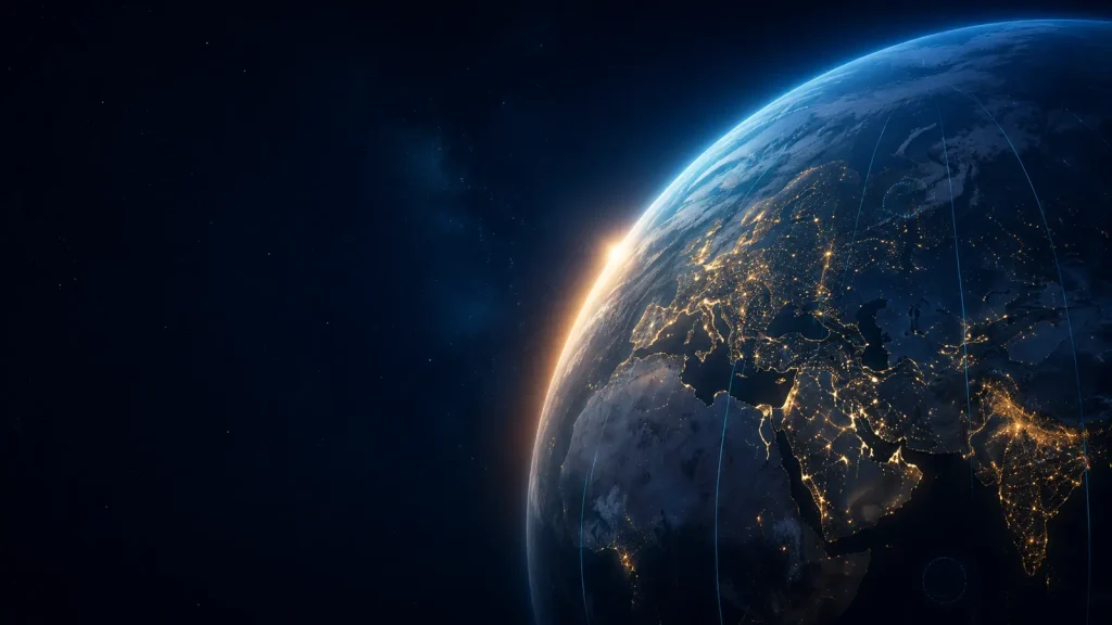 Earth at twilight with longitude lines representing global time zones