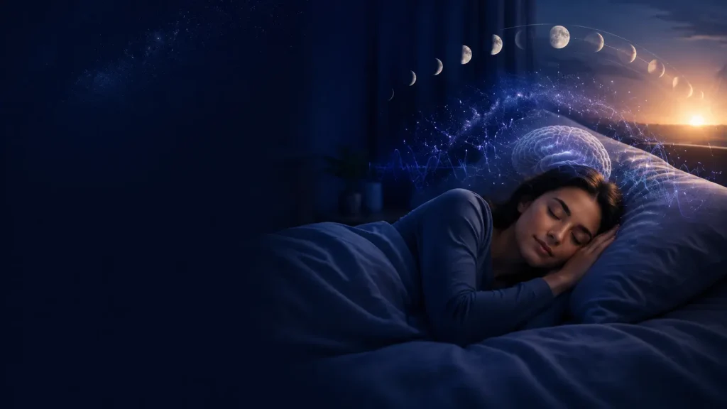 Sleeping person with an active brain and a moon-to-dawn cycle above the bed