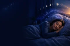 Sleeping person with an active brain and a moon-to-dawn cycle above the bed
