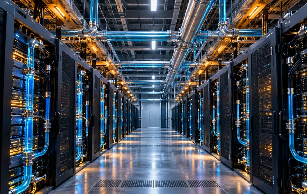 AI electricity and water use inside a liquid-cooled data centre