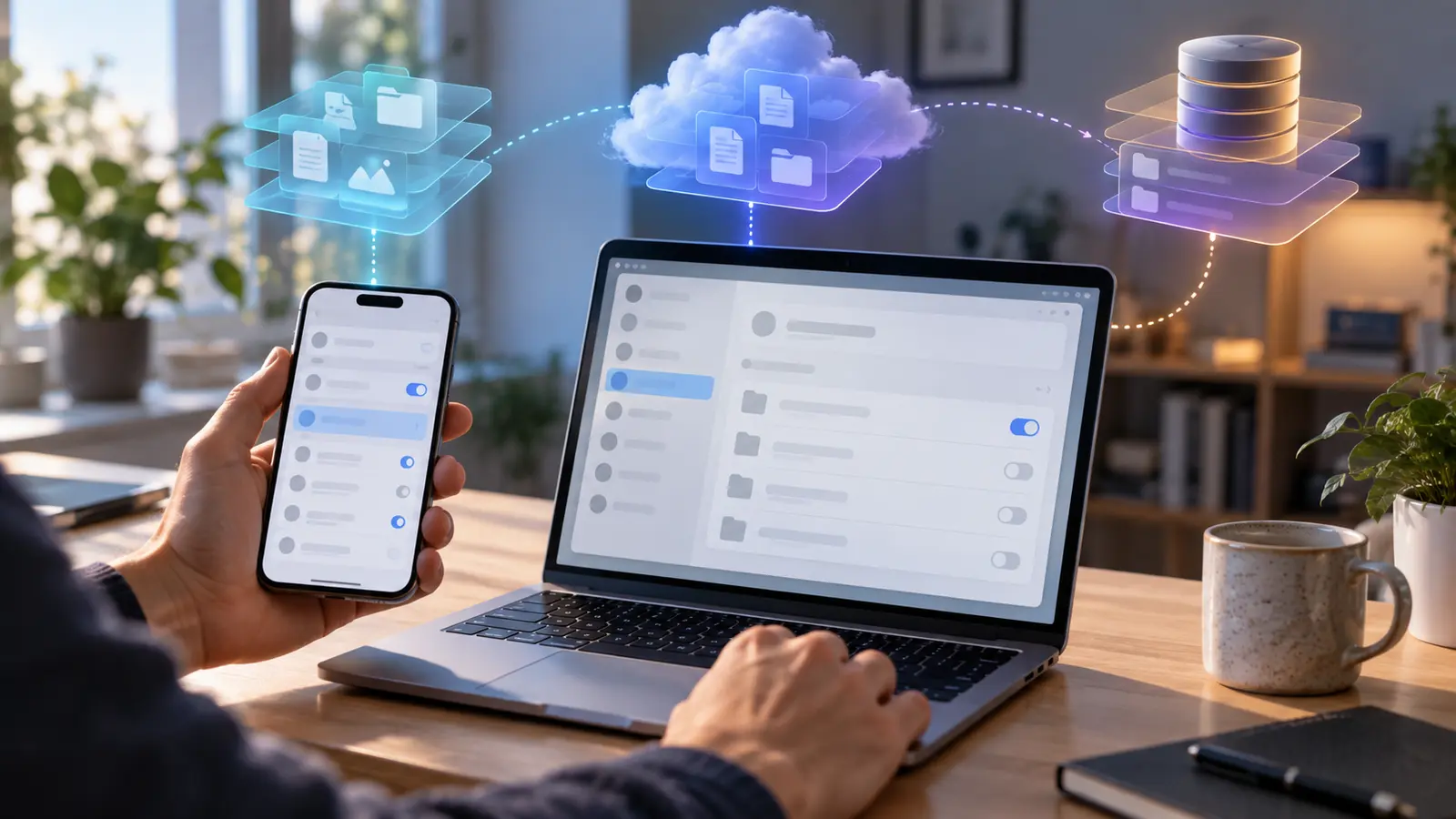 App data separated into device storage, cloud account, shared files and backup layers