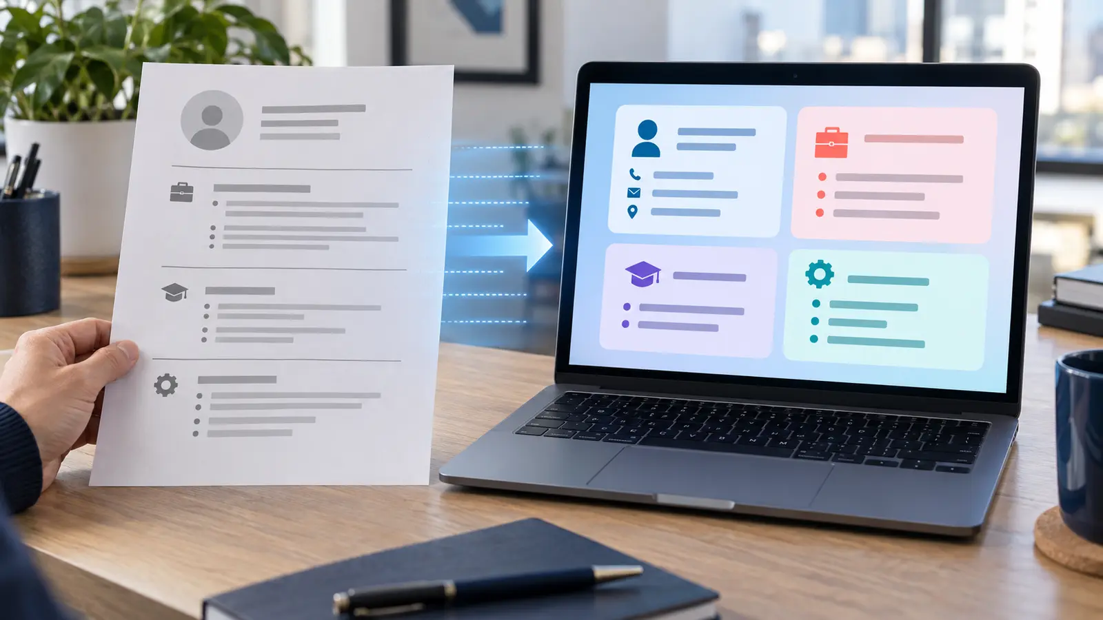 ATS resume parser converting selectable CV text into contact, experience, education and skills fields