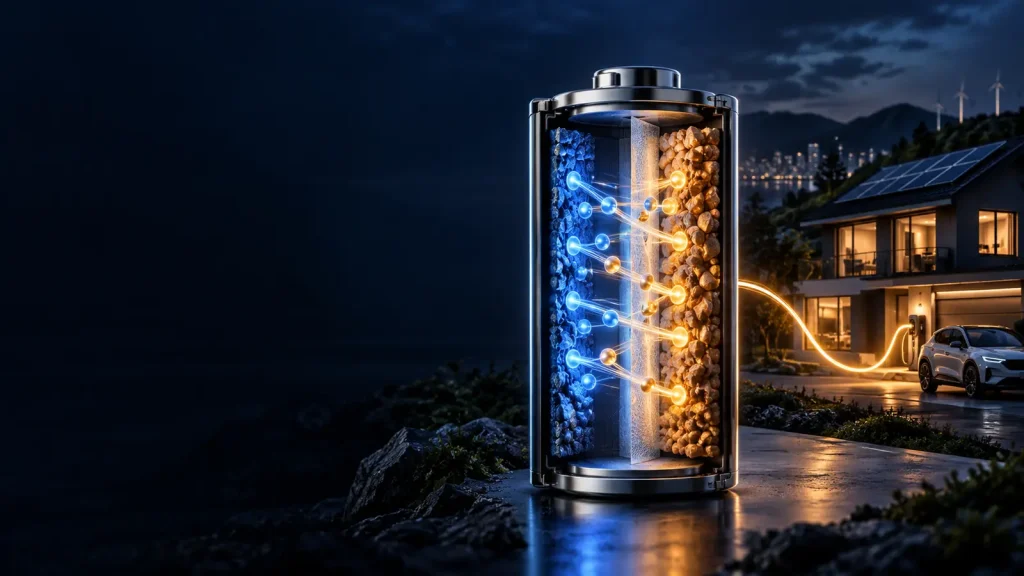 Cutaway rechargeable battery powering a home and electric vehicle