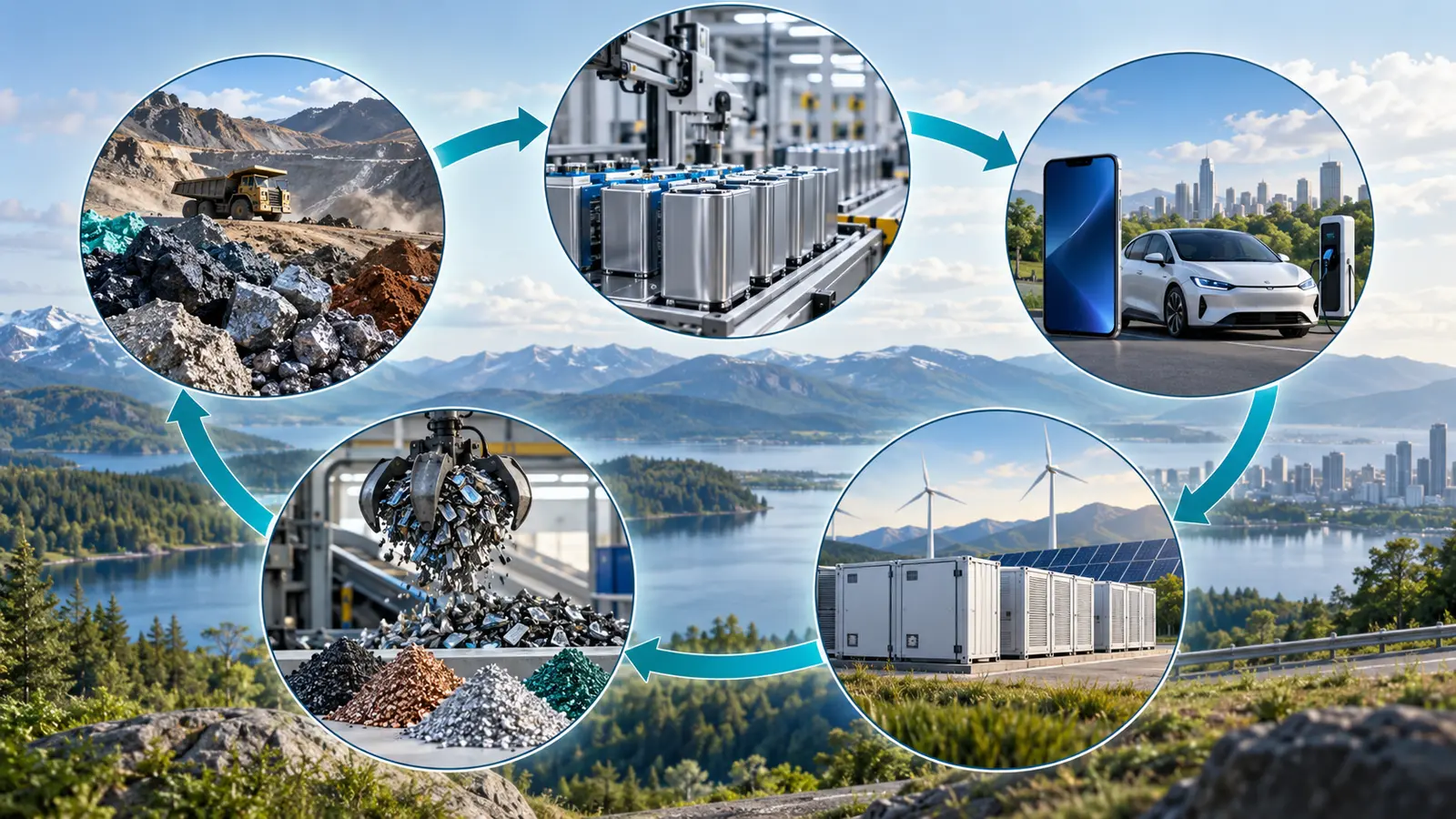 Battery materials moving through manufacturing, use, storage and recycling stages