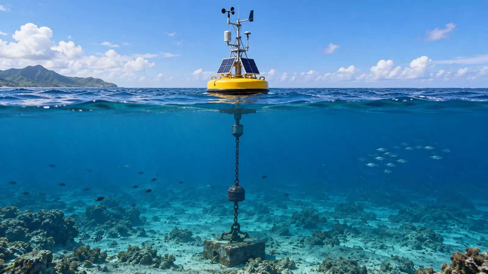Buoy mooring system with surface sensors, chain and seabed anchor