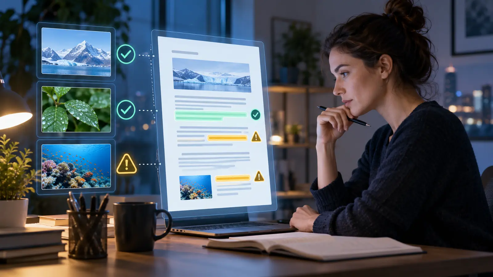 Reader comparing an AI-generated document with several source materials.