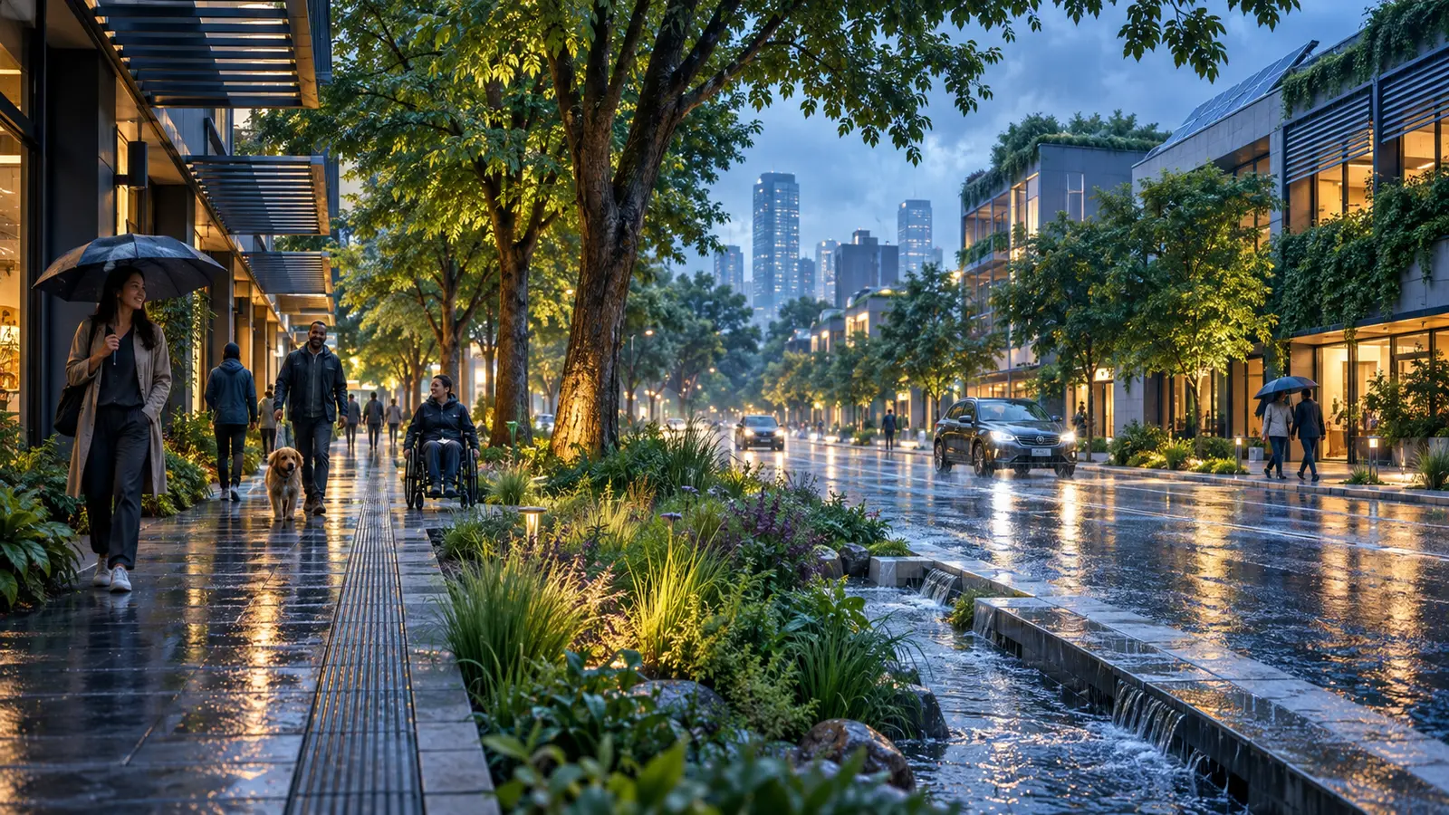 Urban street combining shade trees, cool roofs, rain gardens and safe drainage.