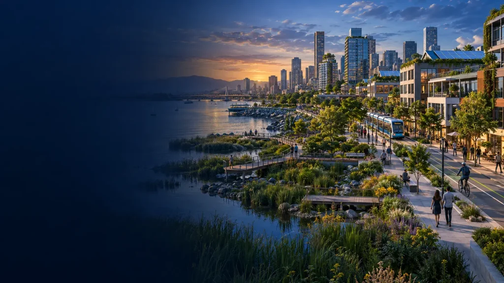Compact city with shade, wetlands, transit and resilient waterfront design
