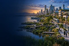 Compact city with shade, wetlands, transit and resilient waterfront design