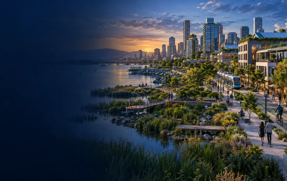 Compact city with shade, wetlands, transit and resilient waterfront design