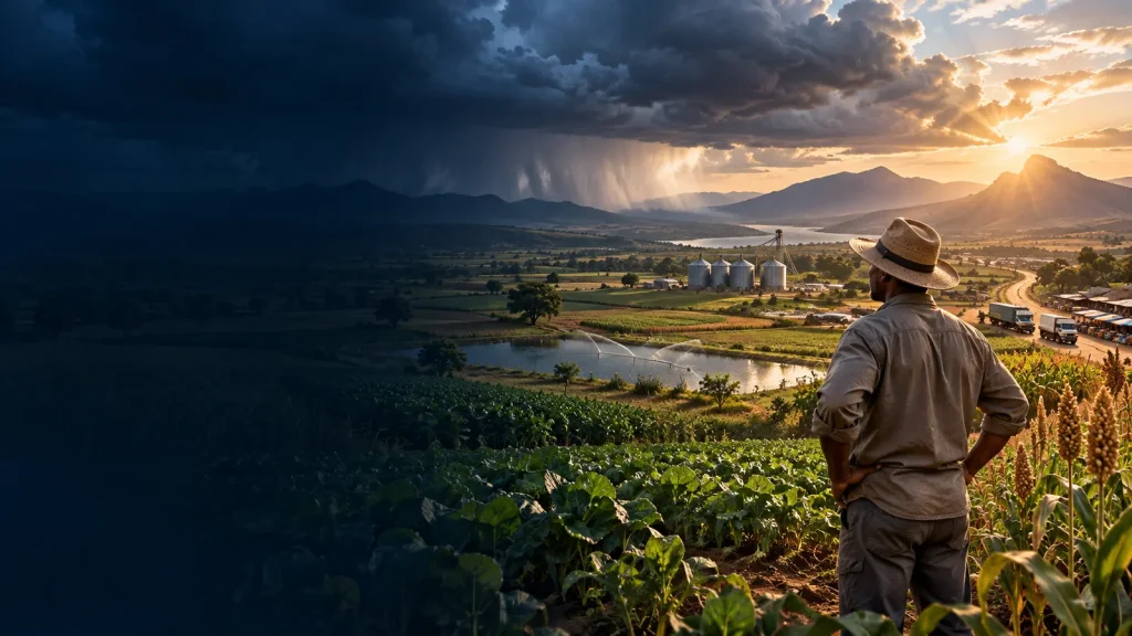 Farmer looking across crops toward contrasting rain and heat conditions