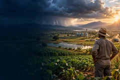 Farmer looking across crops toward contrasting rain and heat conditions