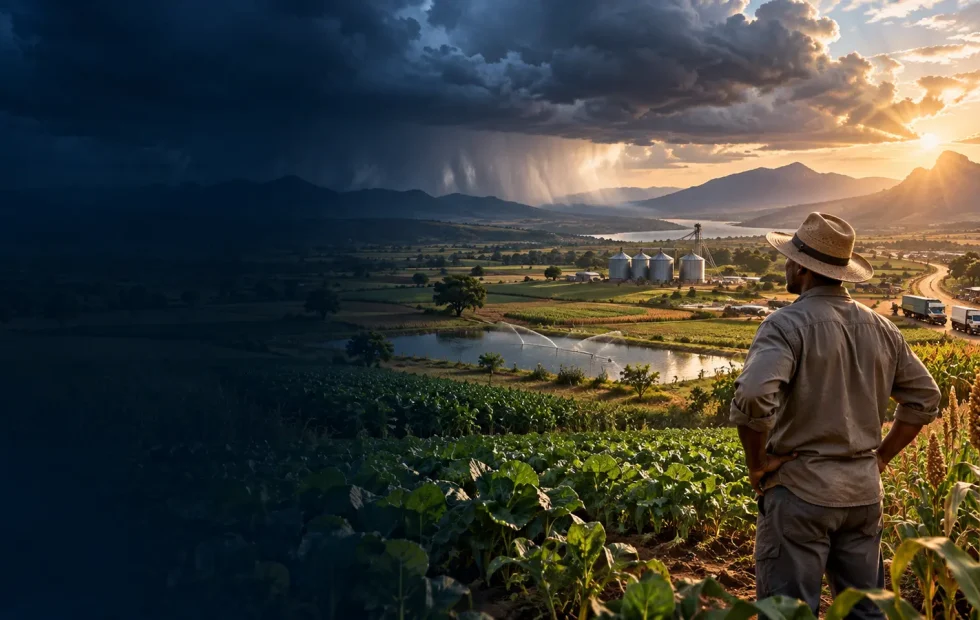 Farmer looking across crops toward contrasting rain and heat conditions